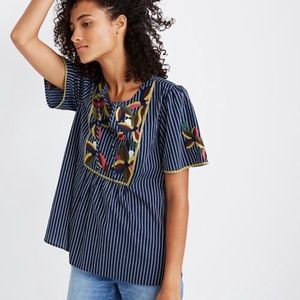 Madewell Navy and White Striped Embroidered Short-Sleeve Tunic